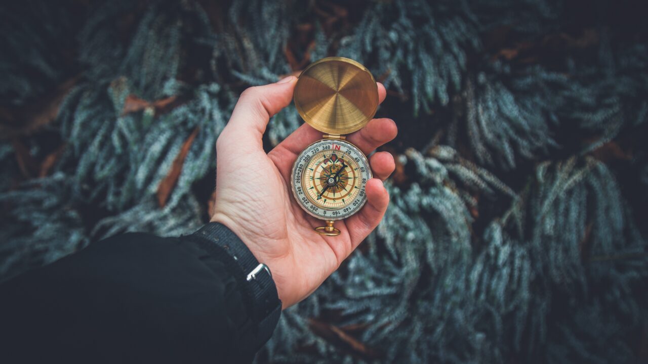 A hand reaches up from the bottom of the frame to hold an old, brass compass. Its needle points toward north.